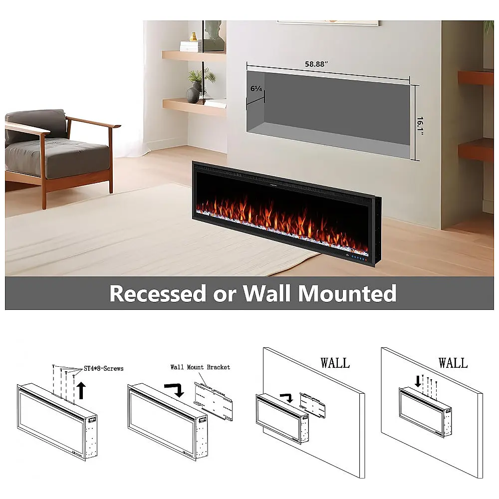 Lareira Elétrica de Embutir A42x152L cm com Controle Remoto por APP, Wi-Fi, Slim Recessed e 13 Cores de Chama, 110V 1500W — foto 3