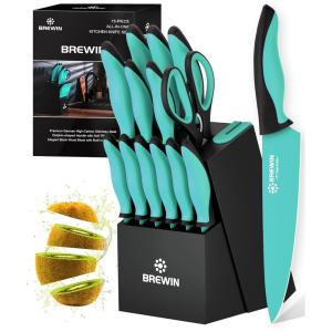 Conjunto de Facas com Bloco de Bancada, Afiador Embutido e Cabo Ergonômico, 15 Peças, Brewin, Azul Teal