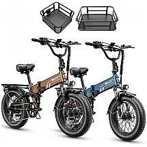 Kit 2 bicicletas elétricas dobráveis Jasion X-Hunter Pro azul e marrom cestos pneus 20x4 motor 750W pico 1800W bateria 48V 15Ah 80 km 110V