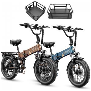 Kit 2 bicicletas elétricas dobráveis Jasion X-Hunter Pro azul e marrom cestos pneus 20x4 motor 750W pico 1800W bateria 48V 15Ah 80 km 110V