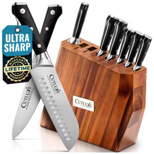 Conjunto de Facas em Aço Alemão de alto Carbono com Afiador Embutido e Bloco de Acácia 8 Peças, CUTLUXE ART SET 08 1, Preto
