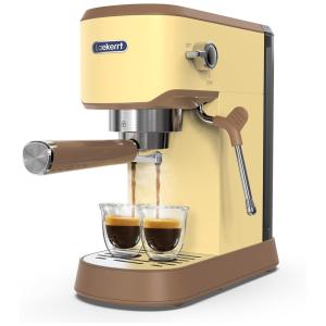 Máquina de Café Expresso Retrô 20 Bar com Bocal de Leite e Tanque Removível, 110V 1350W, Laekerrt CMEP02, Creme e Marrom