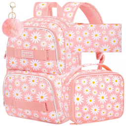 Mochila AGSDON 3 em 1 rosa com estampa de margaridas, para notebook 17", com lancheira e estojo