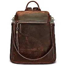 Mochila Feminina de Couro Vintage, S ZONE, Marrom Escuro