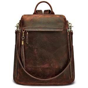 Mochila Feminina de Couro Vintage, S ZONE, Marrom Escuro