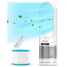 Ventilador de Torre ZICOOLER 56cm Oscilante Sem Lâmina, 8 Velocidades, Controle Remoto, Timer 9H, Display LED, Silencioso Branco