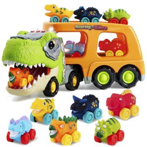 Caminhão Transportador de Dinossauros com 6 Veículos de Borracha, Música e Luzes para Crianças Acima de 2 Anos