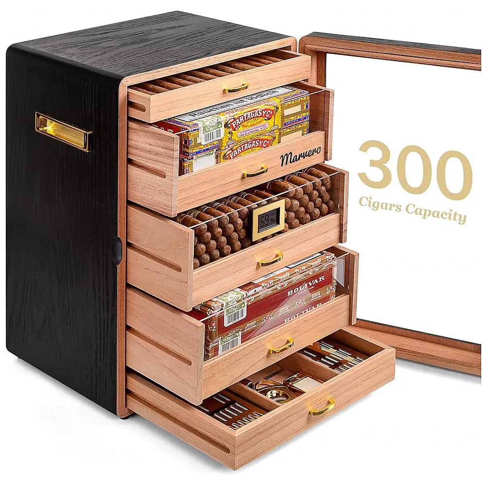 Humidor Marvero Preto Cedro 300 Charutos Higrômetro Digital Gavetas — foto 2