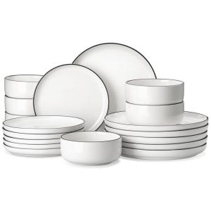 Aparelho MALACASA, 18 Peças de Porcelana Moderna para Jantar, Serviço para 6 Pessoas, Branco com Detalhe Preto, Resistente a risco
