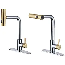 Torneira Cozinha com Chuveiro Suspenso em Cascata, Alça Única e Giratória 360 Graus em Aço Inoxidável, KEER, Cromo e Ouro