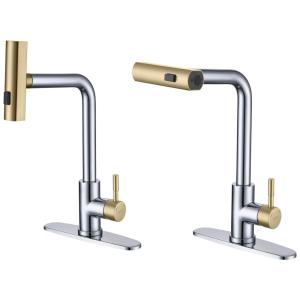 Torneira Cozinha com Chuveiro Suspenso em Cascata, Alça Única e Giratória 360 Graus em Aço Inoxidável, KEER, Cromo e Ouro