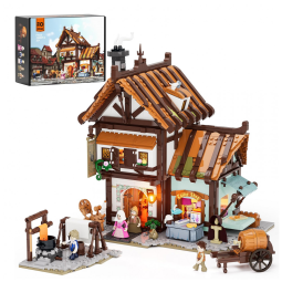 Conjunto de Blocos de Montar FUNWHOLE Loja de Alfaiate Medieval LED, 1994 Peças, 9 Pontos Luz, Paredes Rotativas, Marrom,