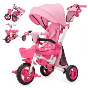 Triciclo Infantil Dobrável 7 em 1 com Alça Ajustável, Arnês de Segurança, Freios de Roda, Capota Removível e Armazenamento, JMMD, Rosa