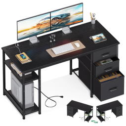 Mesa Gamer 48" 121 cm com Luz LED, Suporte para Monitor, Prateleiras, Tomadas e 3 Gavetas, 110V, AODK