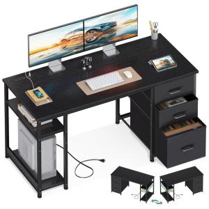 Mesa Gamer 48" 121 cm com Luz LED, Suporte para Monitor, Prateleiras, Tomadas e 3 Gavetas, 110V, AODK