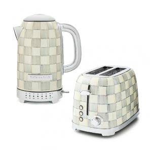 Conjunto chaleira elétrica e torradeira 2 fatias MacKenzie-Childs Sterling Check cinza e branca inox 110V