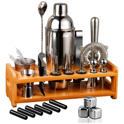 Kit Bartender Profissional 26 Peças em Aço Inoxidável com Suporte de Bambu, Sugiury, Prata