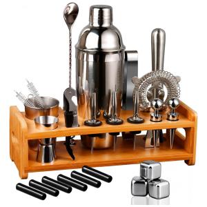 Kit Bartender Profissional 26 Peças em Aço Inoxidável com Suporte de Bambu, Sugiury, Prata