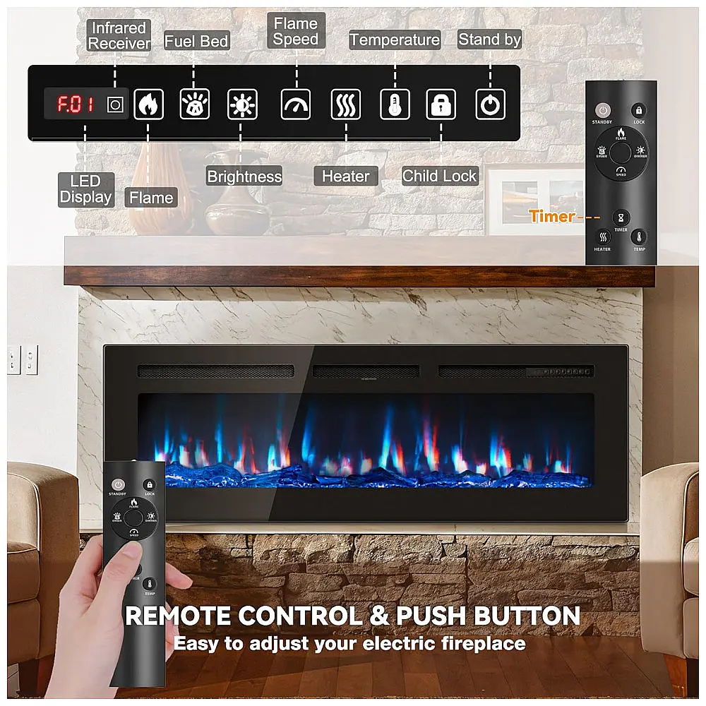 Lareira Elétrica de 152 cm, Embutida ou de Parede, Controle Remoto, Aquecedor 1500/750W (15-37°C), 12 Cores Ajustáveis, Timer — foto 3