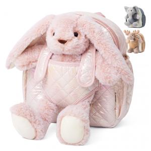 Mochila infantil de pelúcia Moonkie Hug & Go coelho com pelúcia destacável, para crianças de 2 a 4 anos, rosa suave