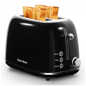 Torradeira Roter Mond 2 Fatias Preta Inox, 6 Níveis, Funções Bagel/Descongelar/Cancelar, Bandeja Removível, Retro, 110V