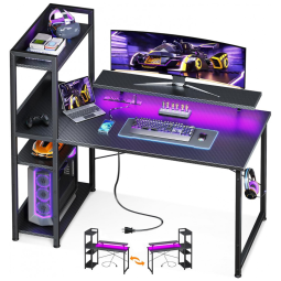 Mesa Gamer Reversível ODK 100 cm Fibra de Carbono Preto com Luzes LED, Prateleiras Ajustáveis e Suporte para Monitor, Compacta para Pequenos