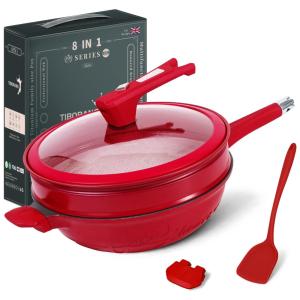 Panela Frigideira 6L Antiaderente 8 em 1 com Revestimento de Alumínio e Titânio Fundido e Indicador de Calor, TIBORANG, Vermelho