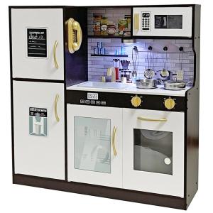 Cozinha Infantil em Madeira com Luz, Forno, Micro-Ondas, Pia e Utensílios para Crianças Acima de 3 Anos, Marrom e Branca