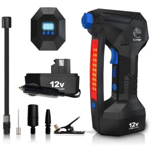 Mini Compressor de Ar Elétrico Automotivo, portátil, 12V, 150 PSI com luz LED e Painel Digital, 110v, CAHOT, Preto