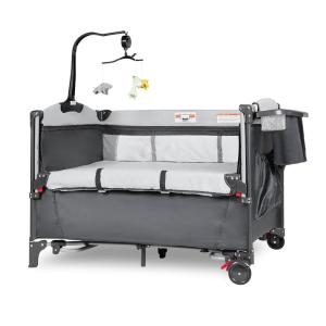 Berço Cercado Portátil 5 em 1 com Trocador, Bolsa de Transporte e Móbile para Bebê de 4 Alturas Ajustáveis, Afgbf, Cinza