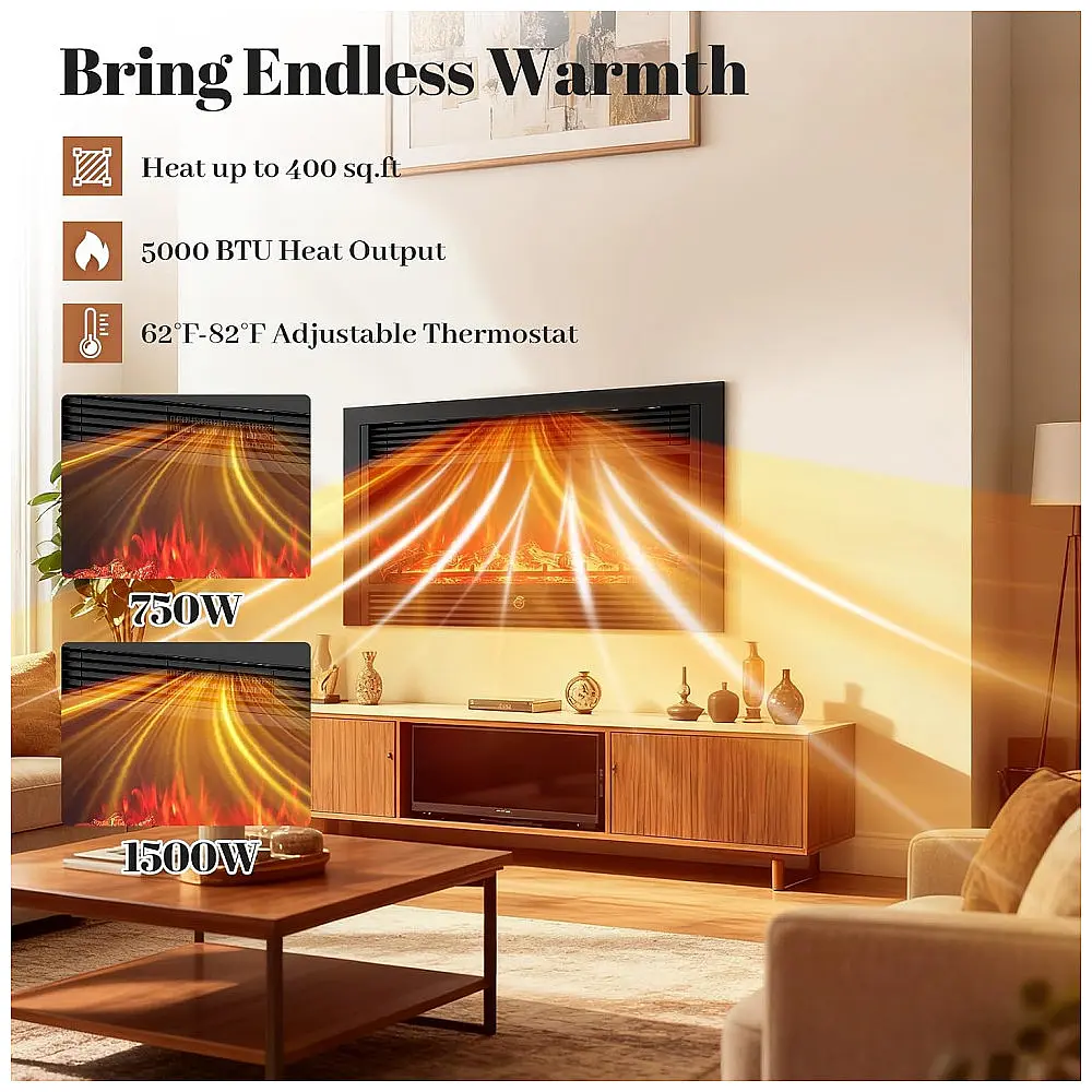 Lareira Elétrica Giantex 91x53cm 1500W Chamas LED Timer Embutir 110V — foto 3