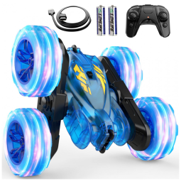 Carrinho de Controle Remoto com Luzes Coloridas e Recarga Rápida USB-C - Veículo RC de Acrobacias 4WD Recarregável, Ideal para Presente -