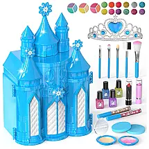Kit de Maquiagem Infantil com 52 Peças, Não Tóxico e Lavável para Crianças de 3 a 10 Anos, PerryHome Castelo Congelado, Azul