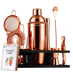 Kit Bartender Profissional 11 Peças em Aço Inoxidável com Suporte de Madeira, SOING, Ouro Rosa