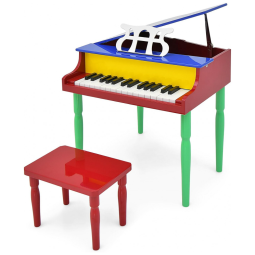 Piano Clássico Infantil de Madeira com 30 Teclas com Banco, 4 Pernas e Suporte para Partitura, Goplus, Colorido