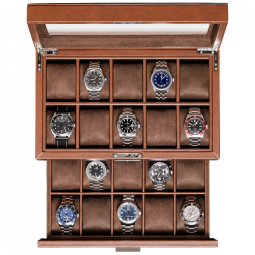 Caixa, Estojo de Couro e Tampo de Vidro para Relógios com 20 Compartimentos, ROTHWELL, Marrom