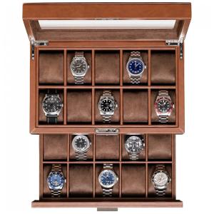 Caixa, Estojo de Couro e Tampo de Vidro para Relógios com 20 Compartimentos, ROTHWELL, Marrom