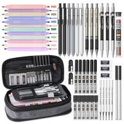 Kit escolar 50 peças Nicpro preto com estojo e marcadores pastel para escrita, desenho e destaque