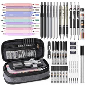 Kit escolar 50 peças Nicpro preto com estojo e marcadores pastel para escrita, desenho e destaque