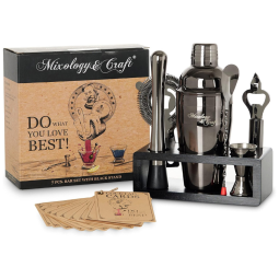 Kit Bartender Profissional 8 Peças em Aço Inoxidável com Suporte de Madeira, Mixology Craft Kit, Preto