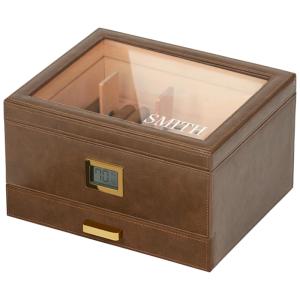 Umidor de Charutos Elegante Monogramada Belmont com Tampo de Vidro - Umidificação Simples, Cedro Espesso, Higrômetro Digital