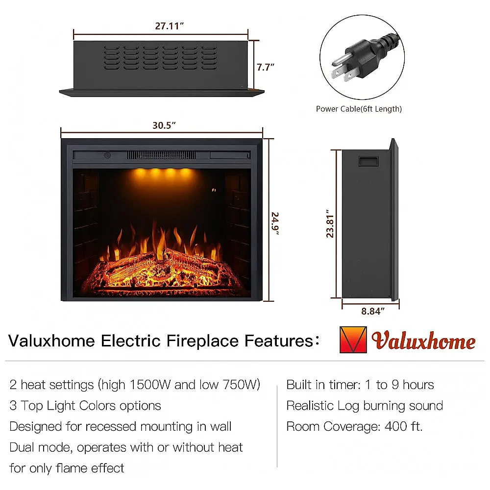 Lareira Elétrica de Embutir A63x77L com Controle Remoto e Proteção contra Superaquecimento, 1500W, 110V, VALUXHOME VEF28, Preto — foto 3