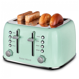 Torradeira Elétrica Retrô 4 Fatias em Aço Inoxidável com Painel de Controle Duplo Independente, Bandeja de Migalhas Removível e 6 Níveis de