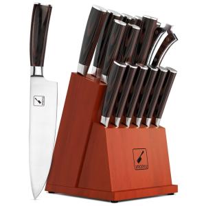 Conjunto de Facas com Bloco de Bancada e Cabo Ergonômico, 16 Peças, IMARKU, Marrom Escuro