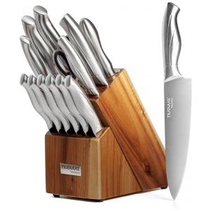 Conjunto de Facas em Aço Inoxidável com Bloco de Bancada em Madeira, 14 Peças, Nuovva, Prata