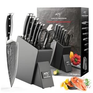 Conjunto de Facas NANFANG BROTHERS em Aço Damasco com Bloco de Bancada Multinível e Cabo Ergonômico, 7 Peças, Preta