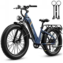 Bicicleta elétrica Jasion Thunder azul safira pneus 26x4 motor 750W nominal 1800W pico bateria 48V 18Ah 864Wh quadro aço carbono 7 marchas