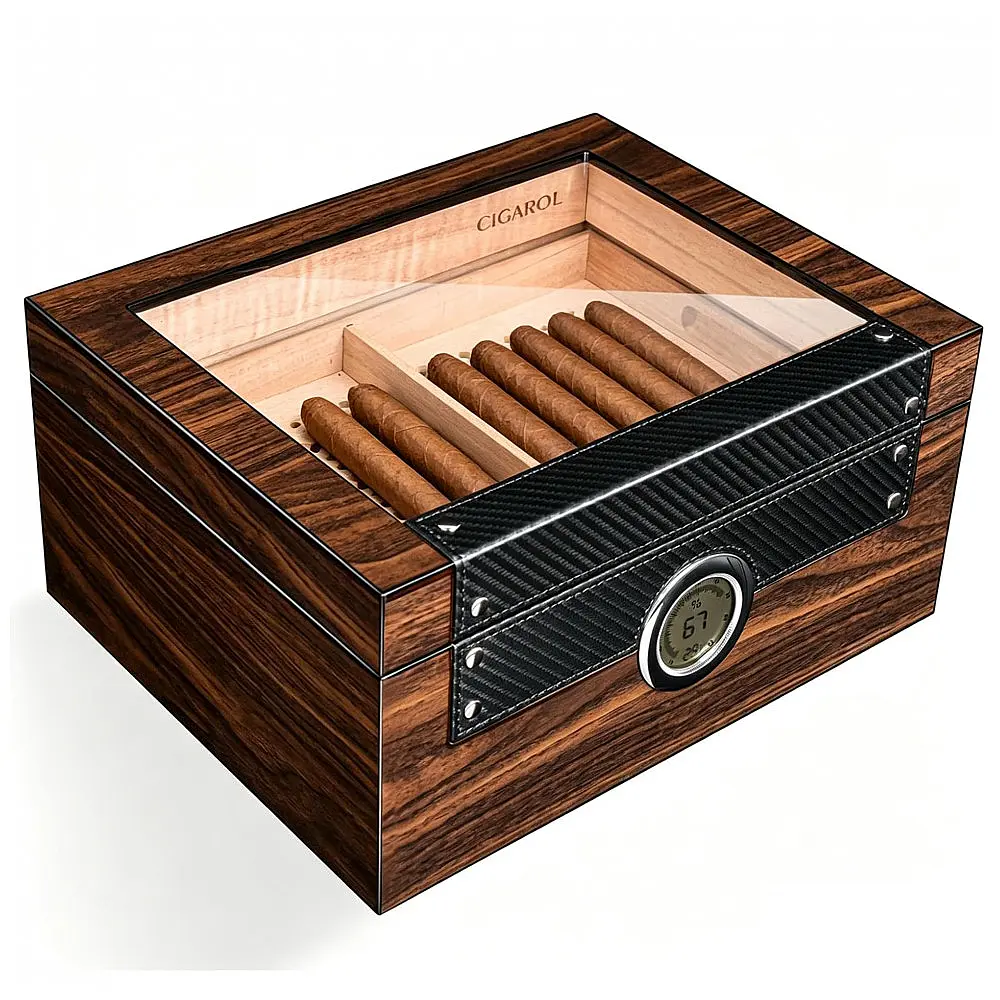 Humidor para Charutos Cigarol com Tampa de Vidro Madeira Cedro Espanhol Capacidade 70-75 Charutos