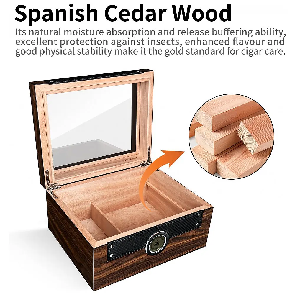 Humidor para Charutos Cigarol com Tampa de Vidro Madeira Cedro Espanhol Capacidade 70-75 Charutos — foto 3