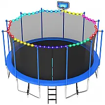 Trampolim OFLAN 3,66m Azul com Rede, Cesta de Basquete, Bola, Escada, 4 Estacas, Luzes - Suporta 680kg, Design Sem Espaço, ASTM CPC CPSIA